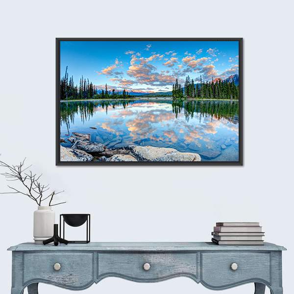 Pyramid Lake In Alberta Canal Canvas Wall Art-1 Piece-Floating Frame-24" x 16"-Tiaracle