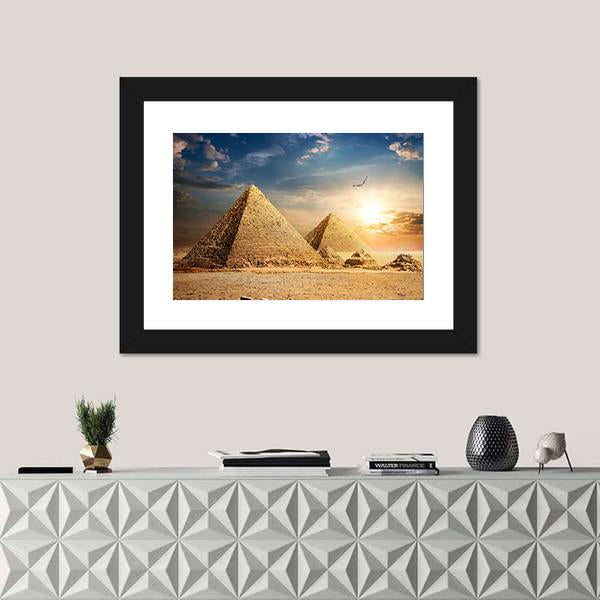 Pyramids At The Sunset Canvas Wall Art-1 Piece-Framed Print-20" x 16"-Tiaracle