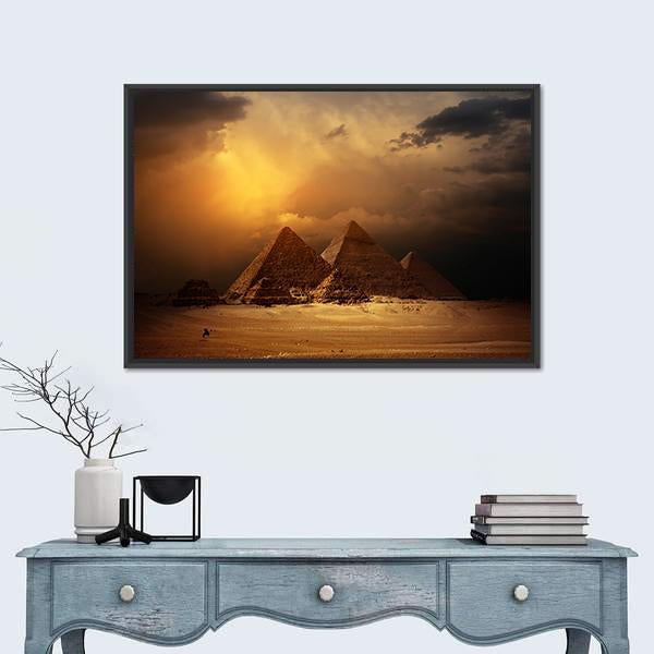 Pyramids In Giza Valley Under Dark Clouds Canvas Wall Art-1 Piece-Floating Frame-24" x 16"-Tiaracle