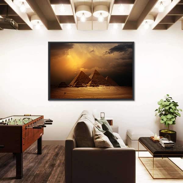 Pyramids In Giza Valley Under Dark Clouds Canvas Wall Art-5 Horizontal-Gallery Wrap-22" x 12"-Tiaracle