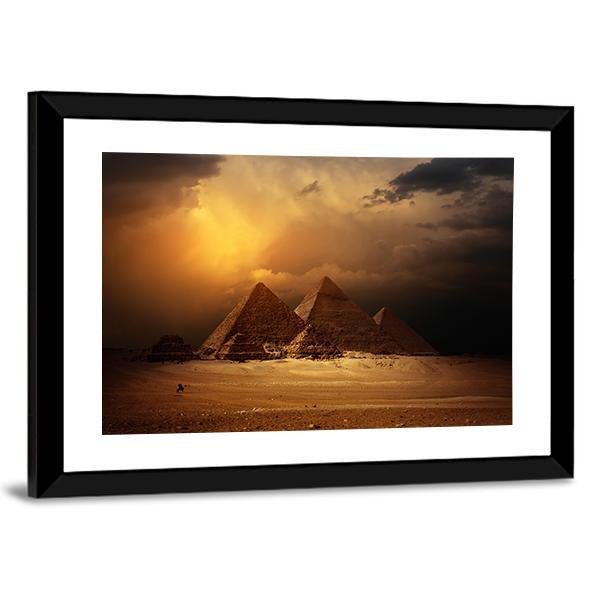 Pyramids In Giza Valley Under Dark Clouds Canvas Wall Art-5 Horizontal-Gallery Wrap-22" x 12"-Tiaracle