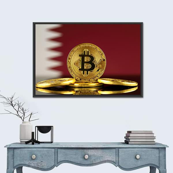 Qatar Flag With Bitcoins Canvas Wall Art-1 Piece-Floating Frame-24" x 16"-Tiaracle