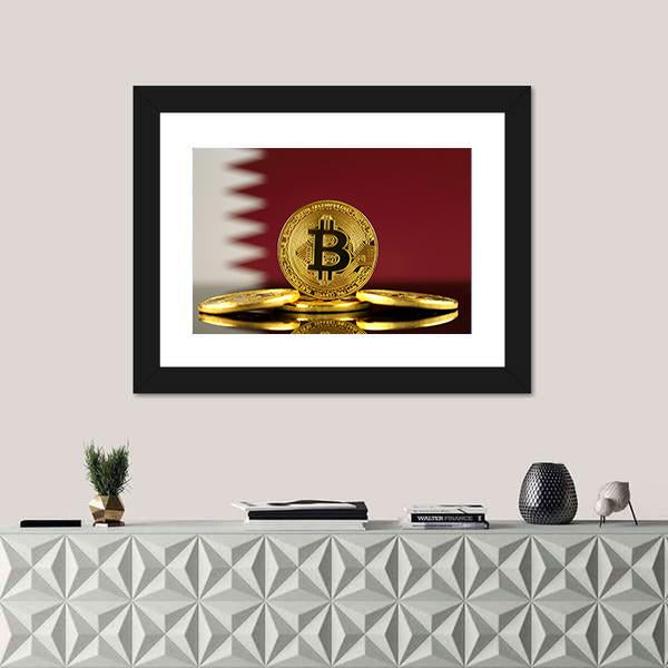 Qatar Flag With Bitcoins Canvas Wall Art-1 Piece-Framed Print-20" x 16"-Tiaracle