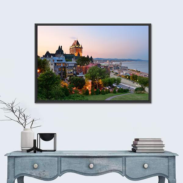 Quebec City Skyline With Chateau Frontenac At Sunset Canvas Wall Art-1 Piece-Floating Frame-24" x 16"-Tiaracle