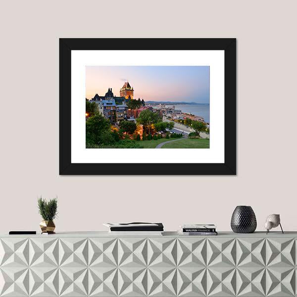 Quebec City Skyline With Chateau Frontenac At Sunset Canvas Wall Art-1 Piece-Framed Print-20" x 16"-Tiaracle