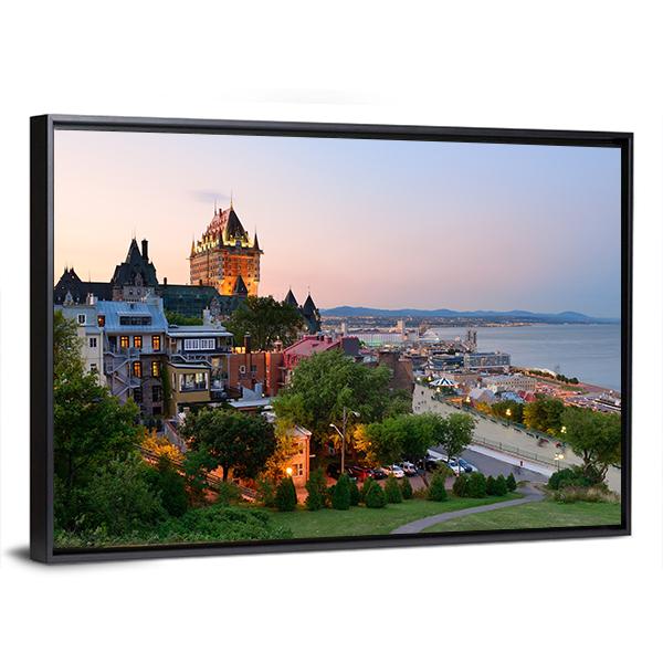Quebec City Skyline With Chateau Frontenac At Sunset Canvas Wall Art-3 Horizontal-Gallery Wrap-25" x 16"-Tiaracle
