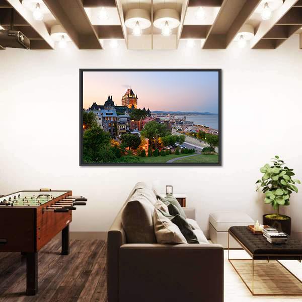 Quebec City Skyline With Chateau Frontenac At Sunset Canvas Wall Art-3 Horizontal-Gallery Wrap-25" x 16"-Tiaracle