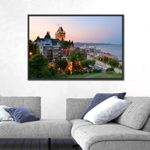 Quebec City Skyline With Chateau Frontenac At Sunset Canvas Wall Art-3 Horizontal-Gallery Wrap-25" x 16"-Tiaracle