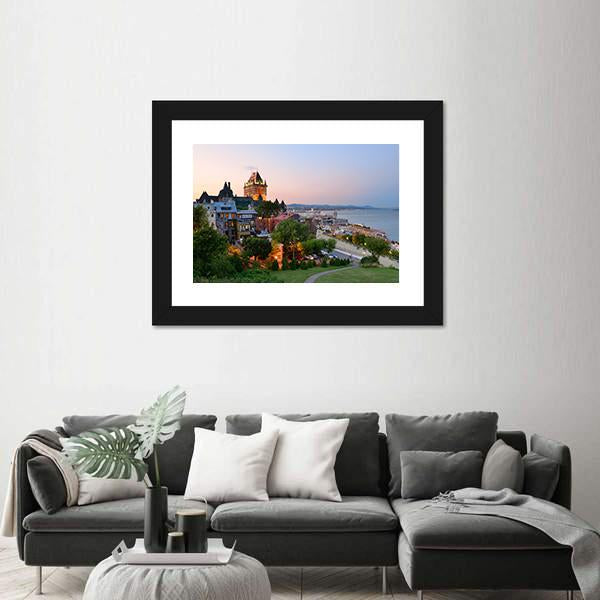 Quebec City Skyline With Chateau Frontenac At Sunset Canvas Wall Art-3 Horizontal-Gallery Wrap-25" x 16"-Tiaracle