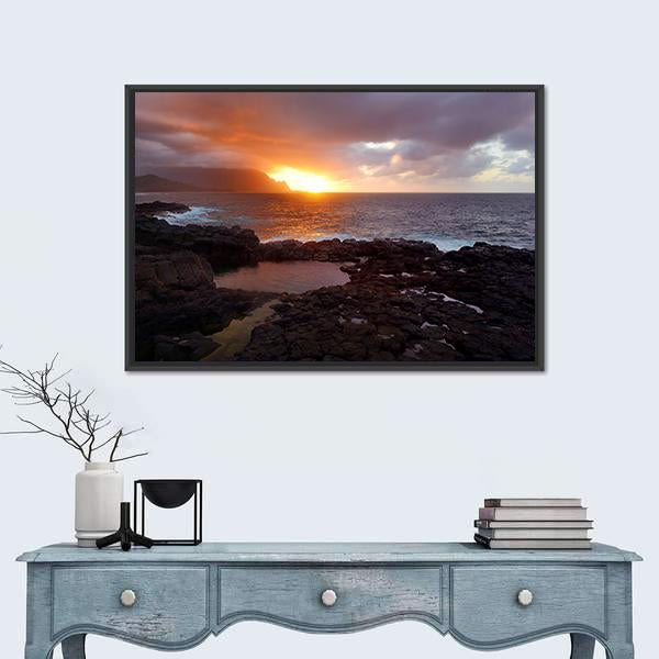 Queen's Bath On Sunset On Island Of Kauai Canvas Wall Art-1 Piece-Floating Frame-36" x 24"-Tiaracle