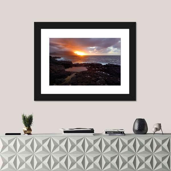 Queen's Bath On Sunset On Island Of Kauai Canvas Wall Art-1 Piece-Framed Print-42" x 14"-Tiaracle