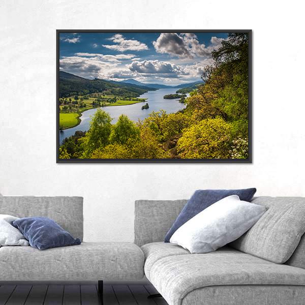 Queens View Near Pitlochry In Scotland Canvas Wall Art-1 Piece-Floating Frame-36" x 24"-Tiaracle