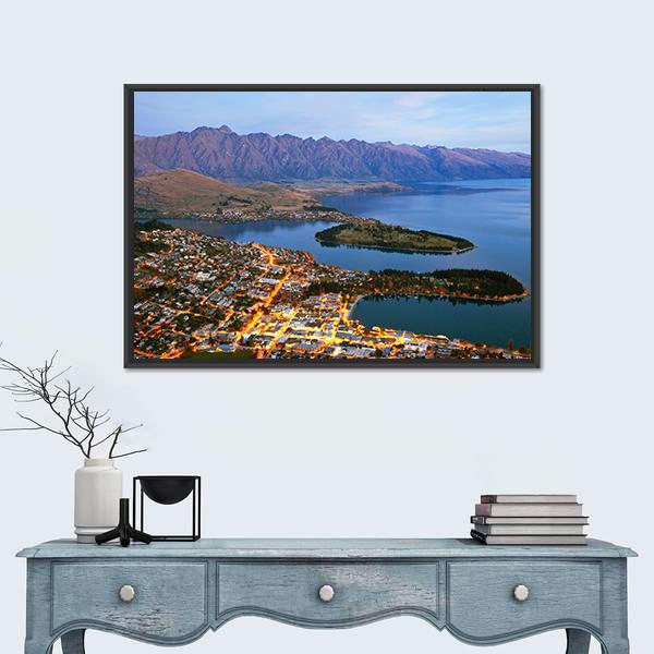 Queenstown Downtown At Dusk Canvas Wall Art-1 Piece-Floating Frame-24" x 16"-Tiaracle