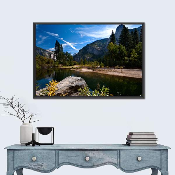Quiet River In Yosemite Valley Canvas Wall Art-1 Piece-Floating Frame-24" x 16"-Tiaracle