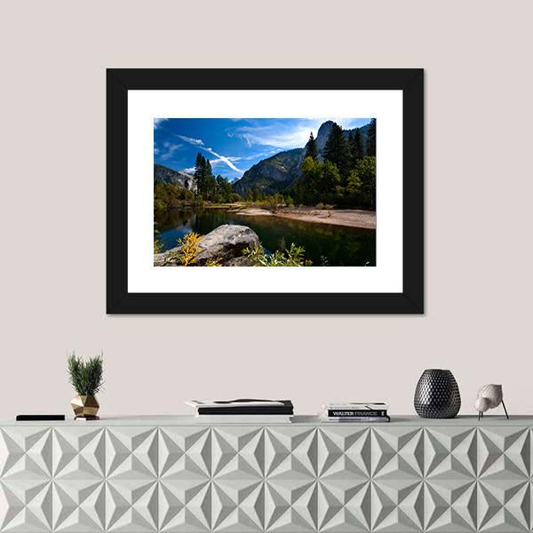 Quiet River In Yosemite Valley Canvas Wall Art-1 Piece-Framed Print-20" x 16"-Tiaracle