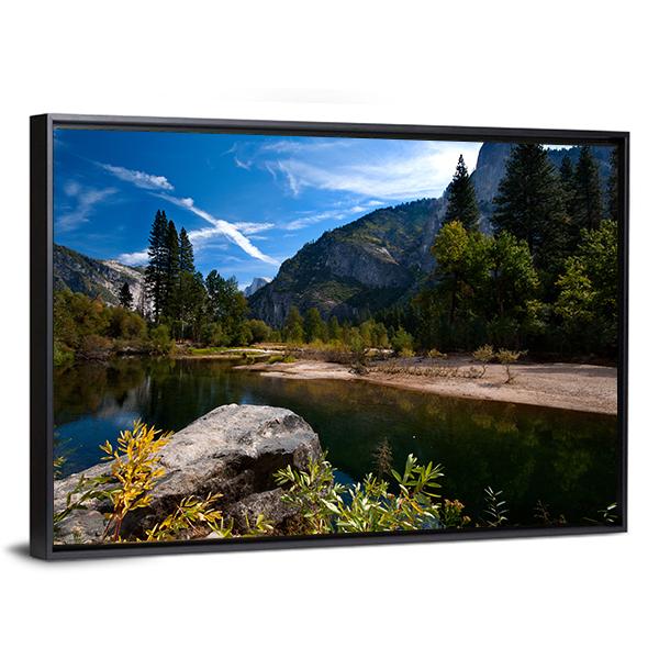 Quiet River In Yosemite Valley Canvas Wall Art-3 Horizontal-Gallery Wrap-25" x 16"-Tiaracle