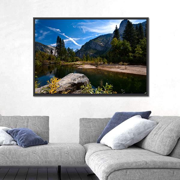 Quiet River In Yosemite Valley Canvas Wall Art-3 Horizontal-Gallery Wrap-25" x 16"-Tiaracle