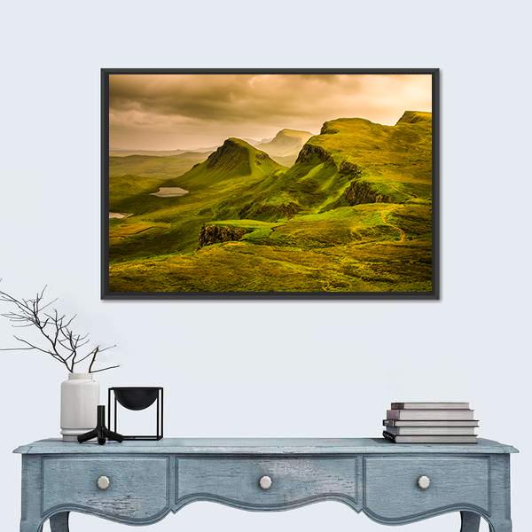 Quiraing Sunset Over Mountains Canvas Wall Art in brown, yellow and green, framed canvas, product view on a white background