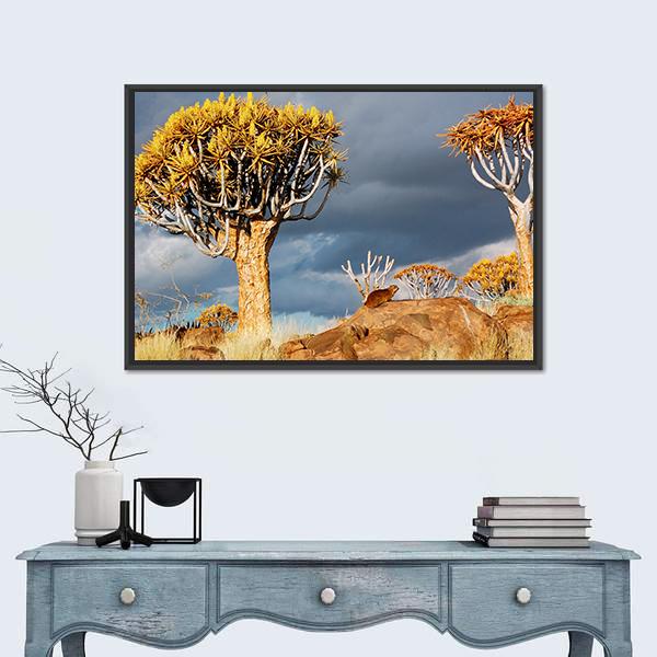 Quiver Tree Forest Landscape In South Africa Canvas Wall Art-1 Piece-Floating Frame-24" x 16"-Tiaracle