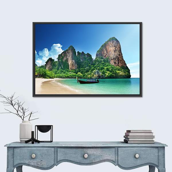 Railay Beach In Krabi Thailand Canvas Wall Art-1 Piece-Floating Frame-36" x 24"-Tiaracle