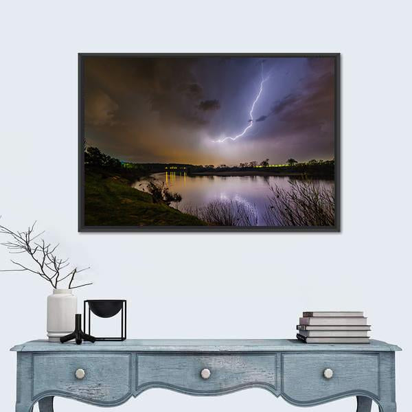 Rain And Lightning Above The River Canvas Wall Art-1 Piece-Floating Frame-24" x 16"-Tiaracle