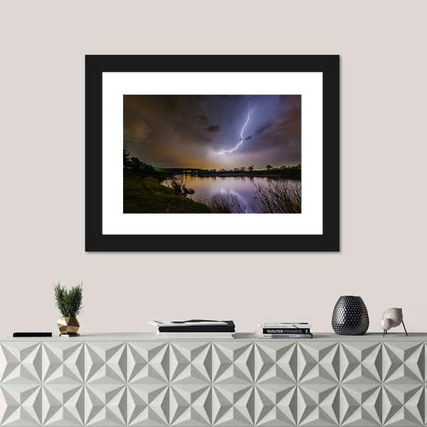 Rain And Lightning Above The River Canvas Wall Art-1 Piece-Framed Print-20" x 16"-Tiaracle