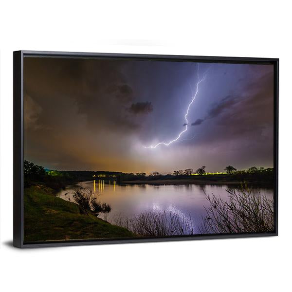Rain And Lightning Above The River Canvas Wall Art-3 Horizontal-Gallery Wrap-25" x 16"-Tiaracle