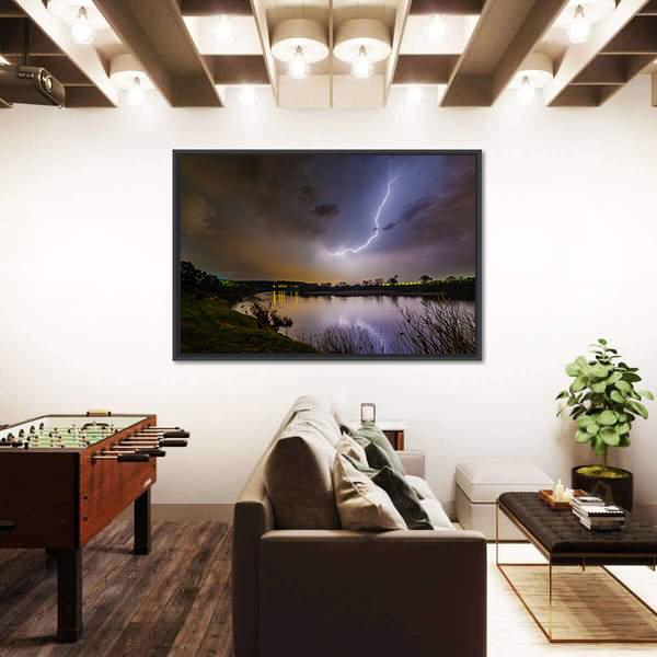 Rain And Lightning Above The River Canvas Wall Art-3 Horizontal-Gallery Wrap-25" x 16"-Tiaracle