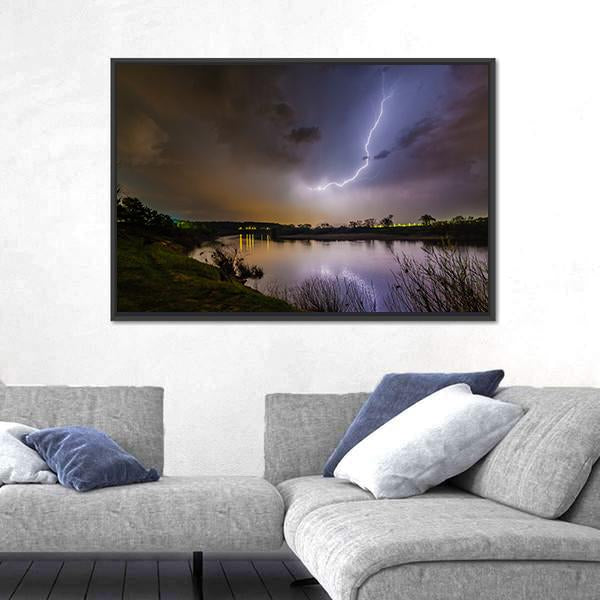 Rain And Lightning Above The River Canvas Wall Art-3 Horizontal-Gallery Wrap-25" x 16"-Tiaracle