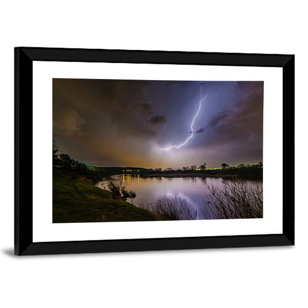 Rain And Lightning Above The River Canvas Wall Art-3 Horizontal-Gallery Wrap-25" x 16"-Tiaracle