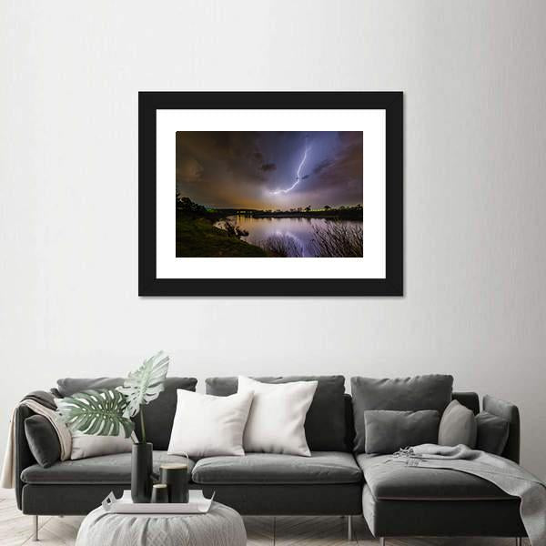 Rain And Lightning Above The River Canvas Wall Art-3 Horizontal-Gallery Wrap-25" x 16"-Tiaracle