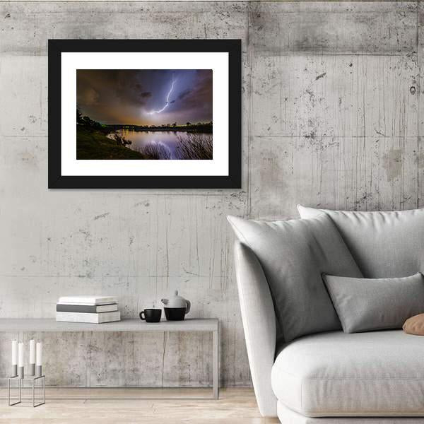Rain And Lightning Above The River Canvas Wall Art-3 Horizontal-Gallery Wrap-25" x 16"-Tiaracle