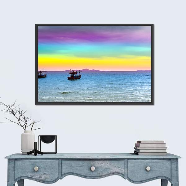 Rainbow Back Dark Cloud On Sea Canvas Wall Art-1 Piece-Floating Frame-24" x 16"-Tiaracle