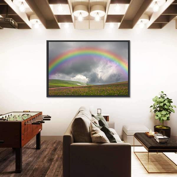 Rainbow Over Wildflower Hills Canvas Wall Art in gray, green and multicolor, framed canvas, product view on a white background