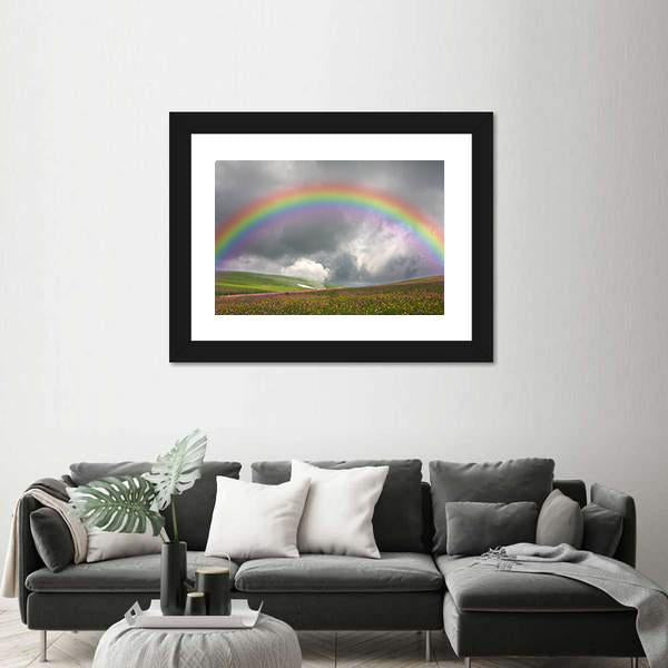 Rainbow Over Wildflower Hills Canvas Wall Art in gray, green and multicolor, framed print, product view on a white background