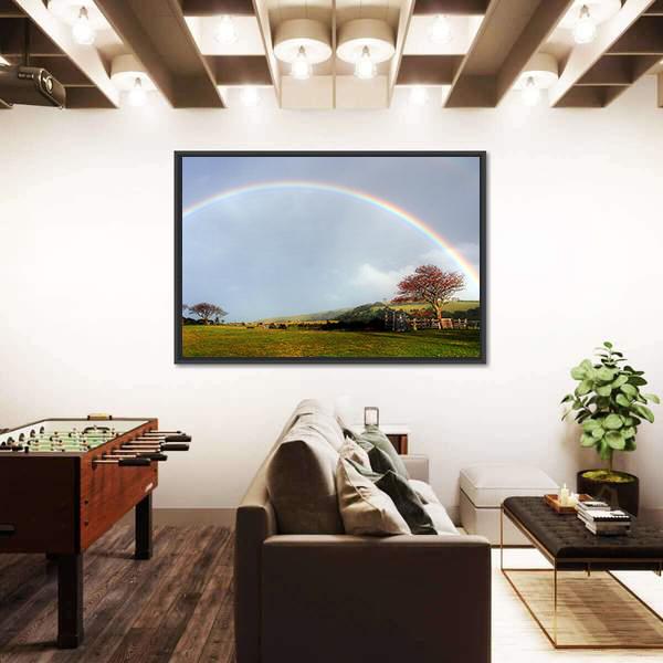 Rainbow Over A Farm Field Canvas Wall Art-1 Piece-Floating Frame-24" x 16"-Tiaracle