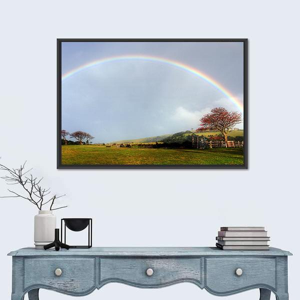 Rainbow Over A Farm Field Canvas Wall Art-5 Horizontal-Gallery Wrap-22" x 12"-Tiaracle