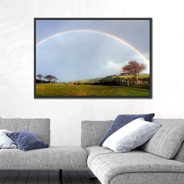 Rainbow Over A Farm Field Canvas Wall Art-5 Horizontal-Gallery Wrap-22" x 12"-Tiaracle