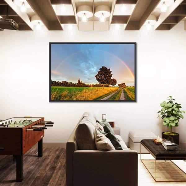 Rainbow Over Field Road Canvas Wall Art-1 Piece-Floating Frame-24" x 16"-Tiaracle