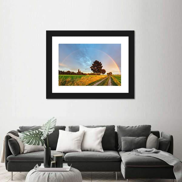 Rainbow Over Field Road Canvas Wall Art-1 Piece-Framed Print-20" x 16"-Tiaracle