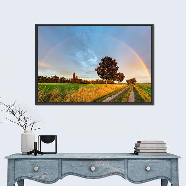 Rainbow Over Field Road Canvas Wall Art-5 Horizontal-Gallery Wrap-22" x 12"-Tiaracle
