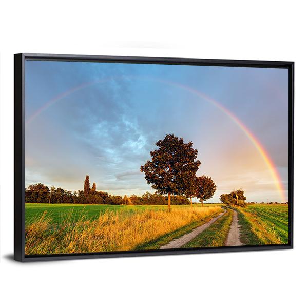 Rainbow Over Field Road Canvas Wall Art-5 Horizontal-Gallery Wrap-22" x 12"-Tiaracle