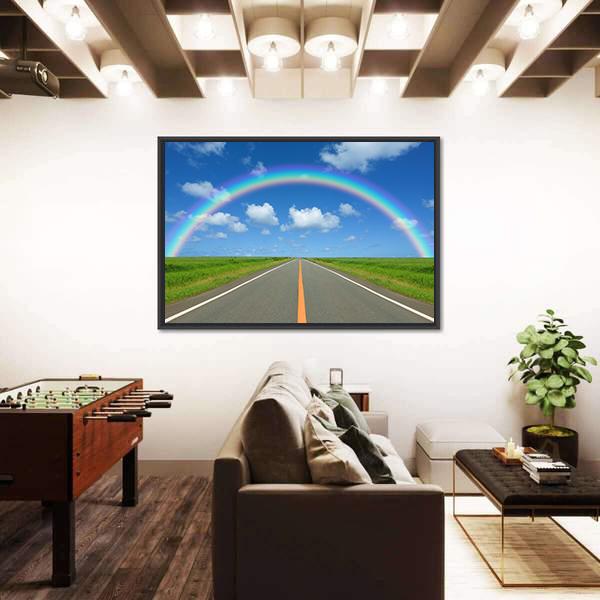 Rainbow Over Straight Road Canvas Wall Art-1 Piece-Floating Frame-24" x 16"-Tiaracle
