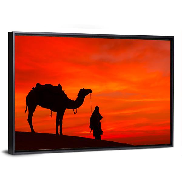 Rajasthan Desert With Camel And Man Canvas Wall Art-3 Horizontal-Gallery Wrap-25" x 16"-Tiaracle