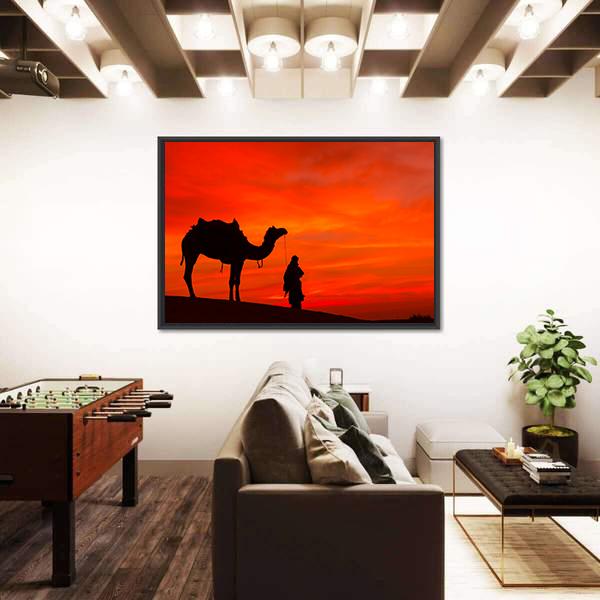Rajasthan Desert With Camel And Man Canvas Wall Art-3 Horizontal-Gallery Wrap-25" x 16"-Tiaracle