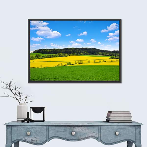 Rapeseed And Green Wheat Field Canvas Wall Art-1 Piece-Floating Frame-24" x 16"-Tiaracle