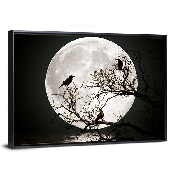 Ravens sitting On A Tree Shined With The Full Moon Canvas Wall Art-5 Horizontal-Gallery Wrap-22" x 12"-Tiaracle