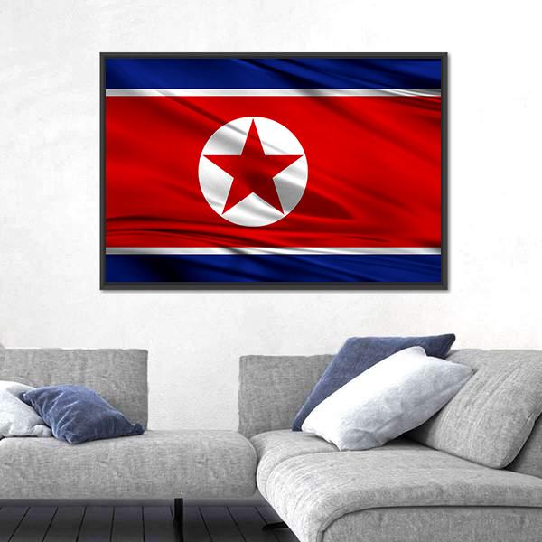 Realistic Flag Of North Korea Canvas Wall Art-5 Horizontal-Gallery Wrap-22" x 12"-Tiaracle