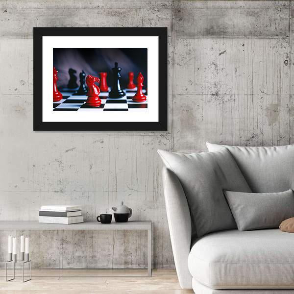 Red And Black Chess Pieces And Board Canvas Wall Art-5 Horizontal-Gallery Wrap-22&quot; x 12&quot;-Tiaracle