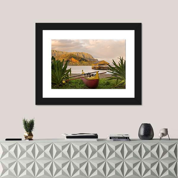 Red And Yellow Hawaiian Canoe With Outrigger On The Beach Canvas Wall Art-1 Piece-Framed Print-20" x 16"-Tiaracle